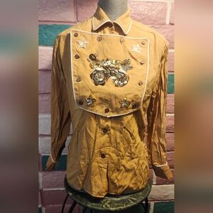 Adorable Vintage Tan Western Shirt With Sparkly Guitars And Fringe